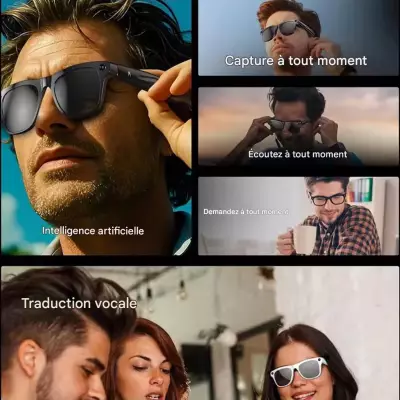 Lunettes intelligente IA avec caméra, Bluetooth, assistance vocal, appel