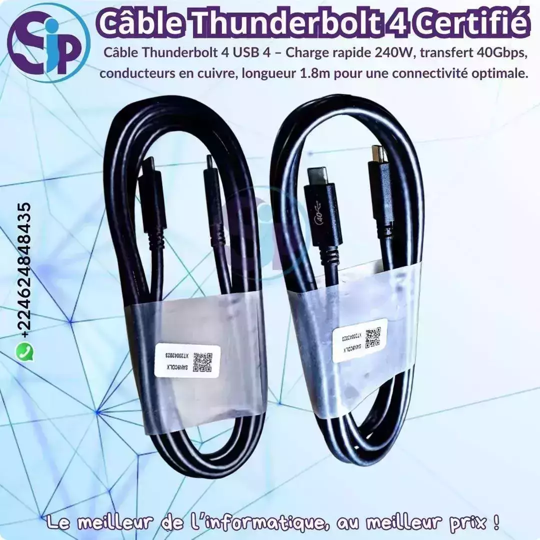 Câble Thunderbolt 4 Certifié – Charge Rapide 240W \& Haute Performance !