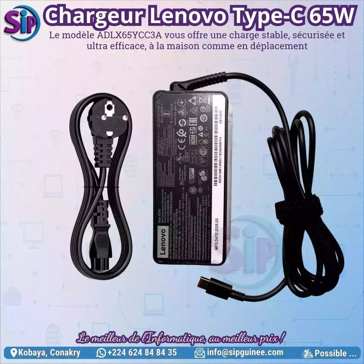 Lenovo ADLX65YCC3A – Chargeur USB C 65W