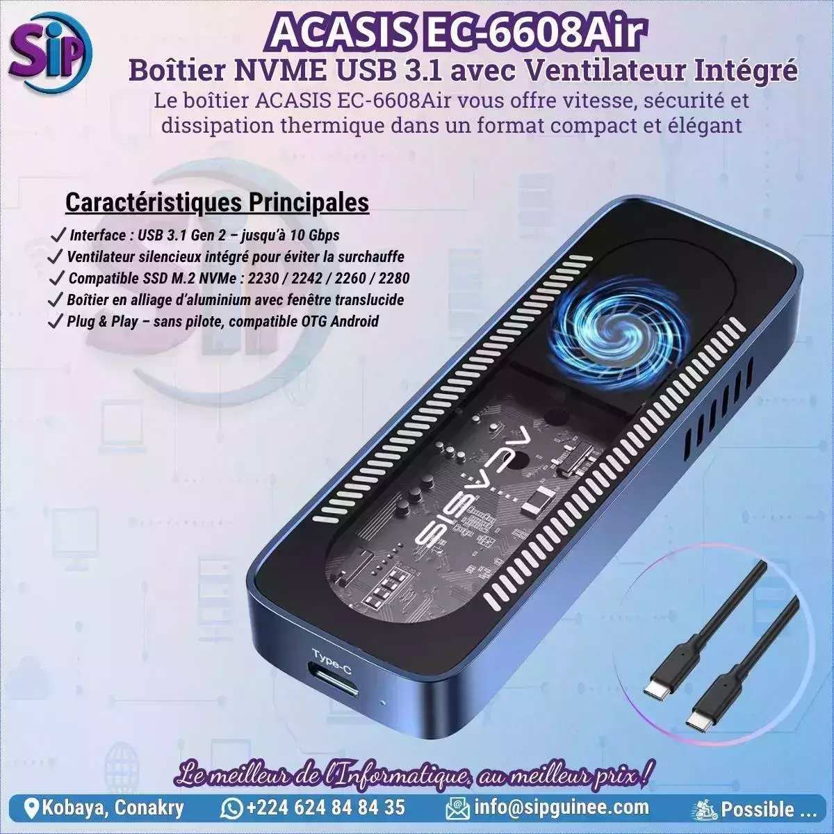 🧊 ACASIS EC-6608Air – Boîtier NVMe USB 3.1 avec Ventilateur Intégré
