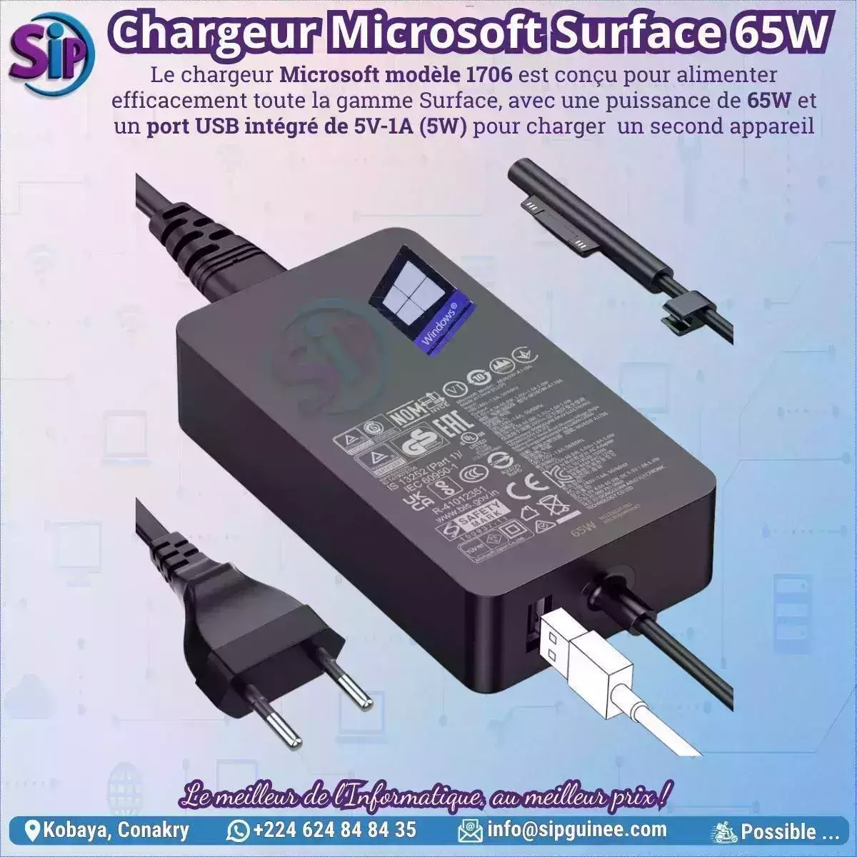 Chargeur Microsoft Surface Modèle 1706 – 65W