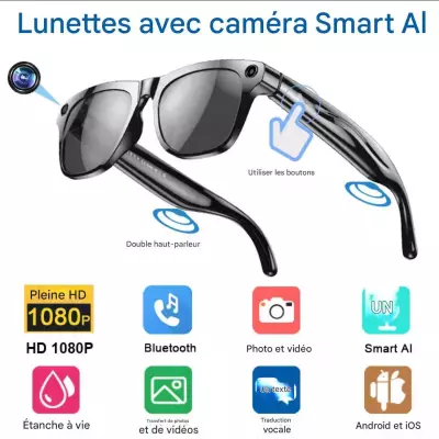 Lunettes intelligente IA avec caméra, Bluetooth, assistance vocal, appel
